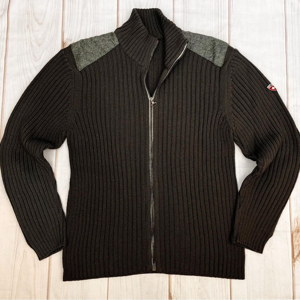 Post Card Luxury Italian 100% Wool Full Zip Rib Knit Sweater Dark Brown Sz XL